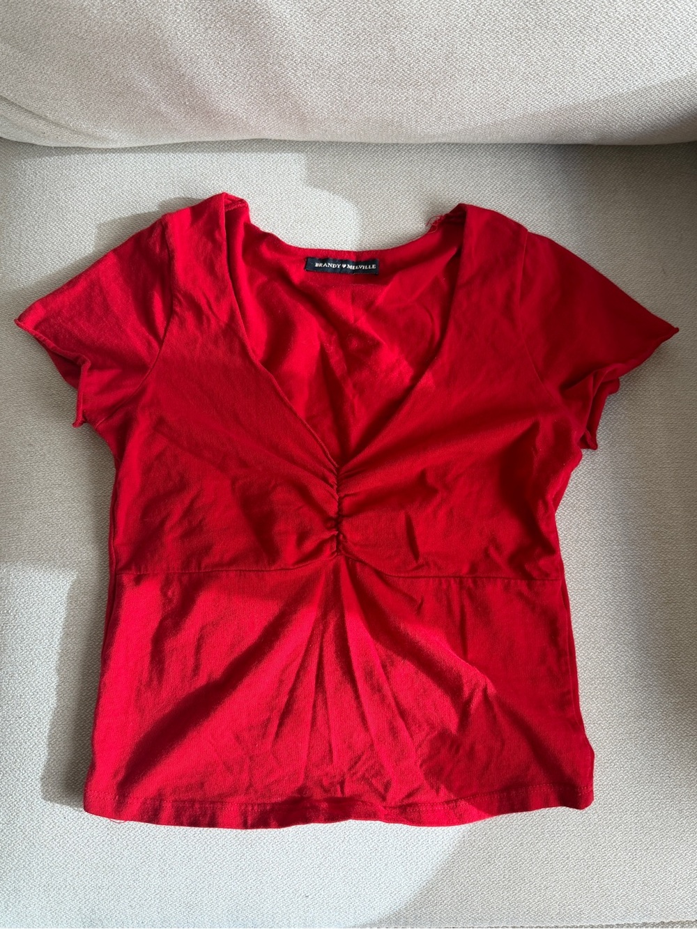 Brandy Melville Bright Red Ruched V-Neck Tee